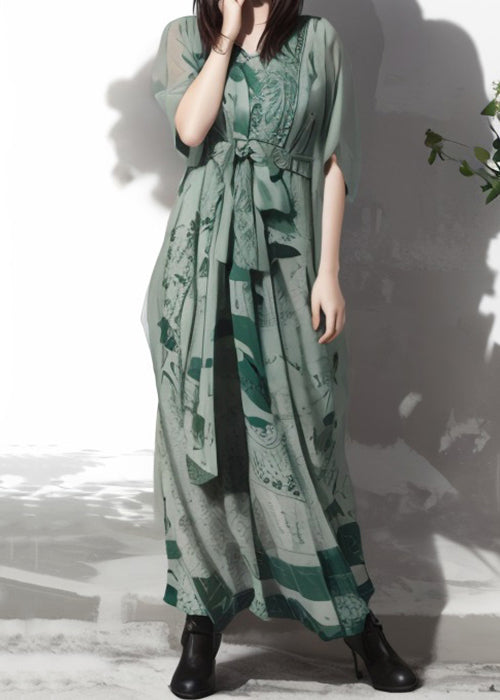 New Green V Neck Print Silk Maxi Dresses Summer