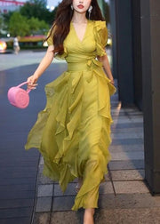 New Green V Neck Ruffled Chiffon Long Dresses Summer