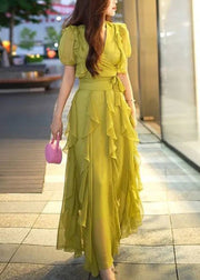 New Green V Neck Ruffled Chiffon Long Dresses Summer