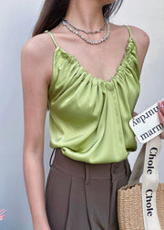 New Green V Neck Solid Silk Spaghetti Strap Tank Sleeveless