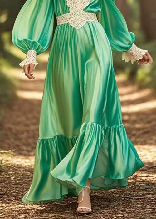 New Green V Neck Wrinkled Patchwork Silk Long Dress Spring