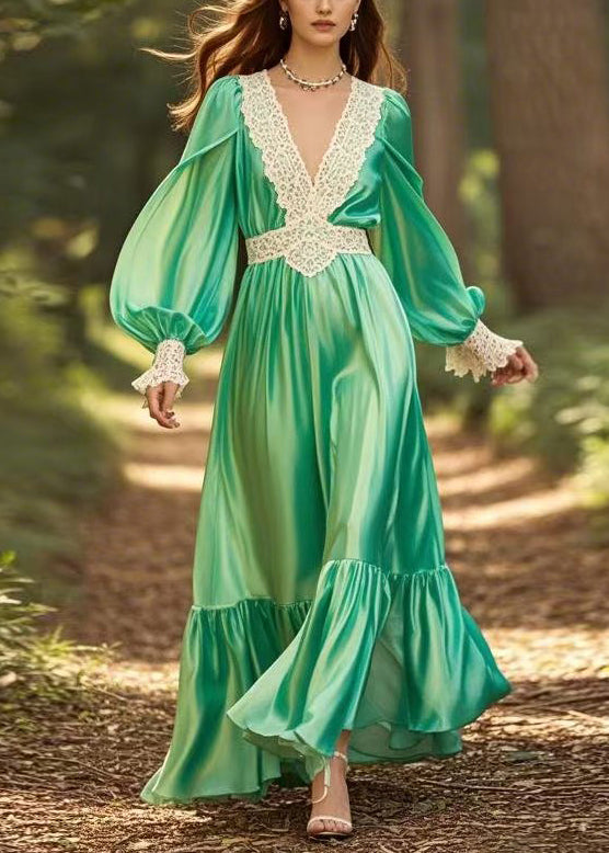 New Green V Neck Wrinkled Patchwork Silk Long Dress Spring