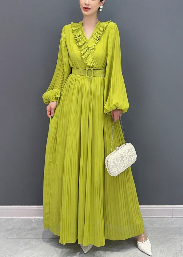 New Green V Neck Wrinkled Solid Cotton Long Dress Fall