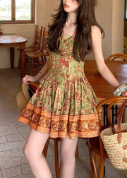 New Green Wrinkled Print Cotton Spaghetti Strap Dress Summer