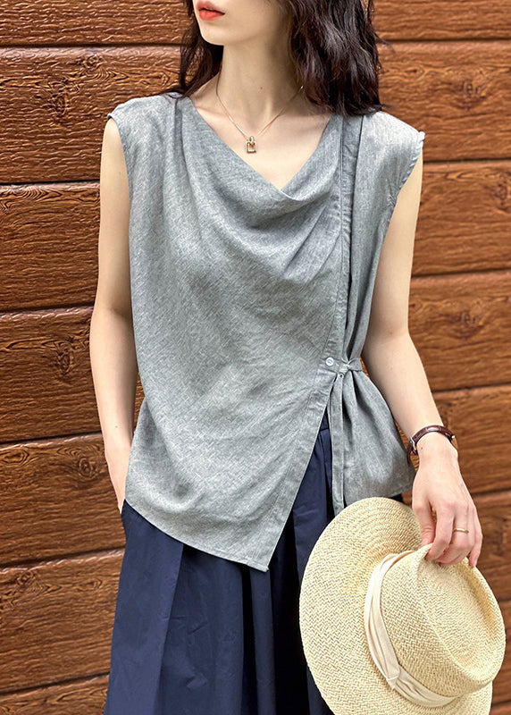 New Grey Asymmetrical Button Cotton Top Summer