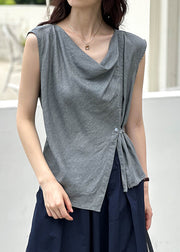 New Grey Asymmetrical Button Cotton Top Summer