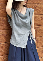 New Grey Asymmetrical Button Cotton Top Summer