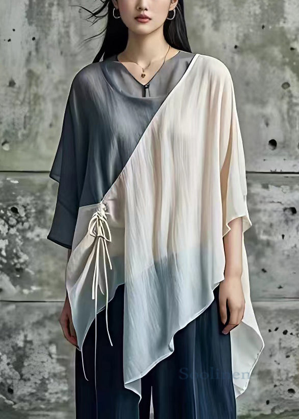 New Grey Asymmetrical Lace Up Cotton Top Half Sleeve