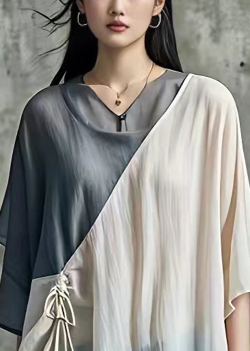New Grey Asymmetrical Lace Up Cotton Top Half Sleeve