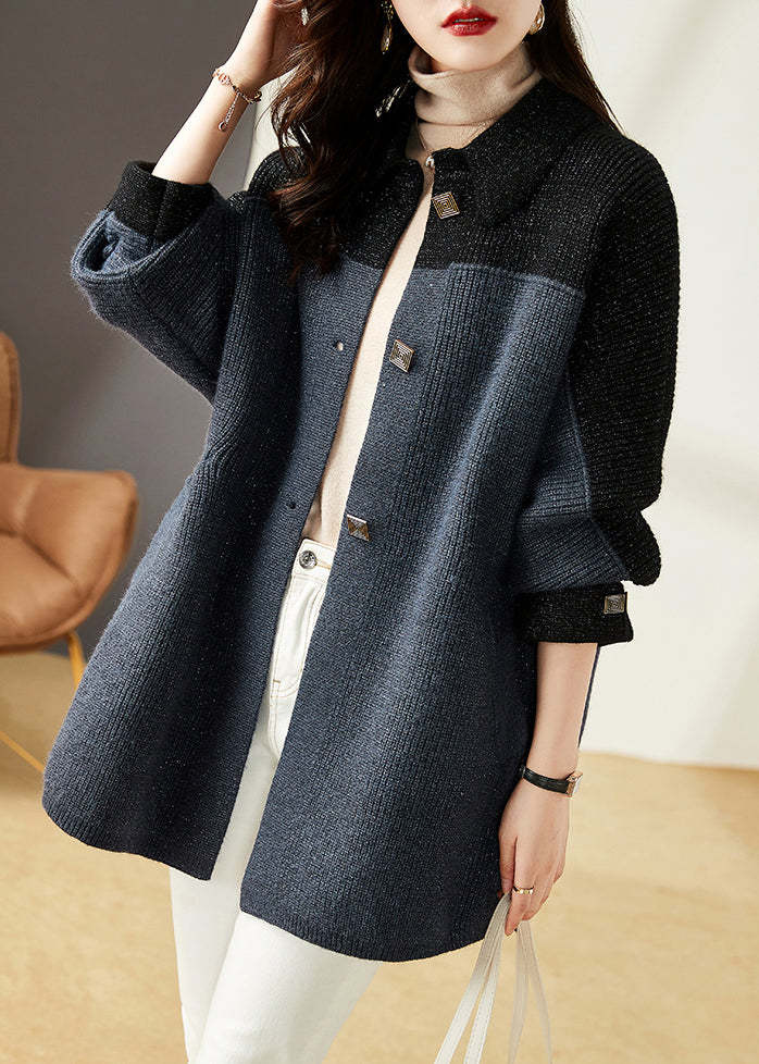 New Grey Blue Button Pockets Patchwork Knit Coats Long Sleeve