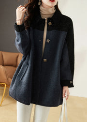 New Grey Blue Button Pockets Patchwork Knit Coats Long Sleeve