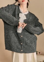 New Grey Button Lace Patchwork Knit Coat Winter