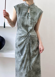 New Grey Button Lace Up Silk Cotton Long Dress Summer