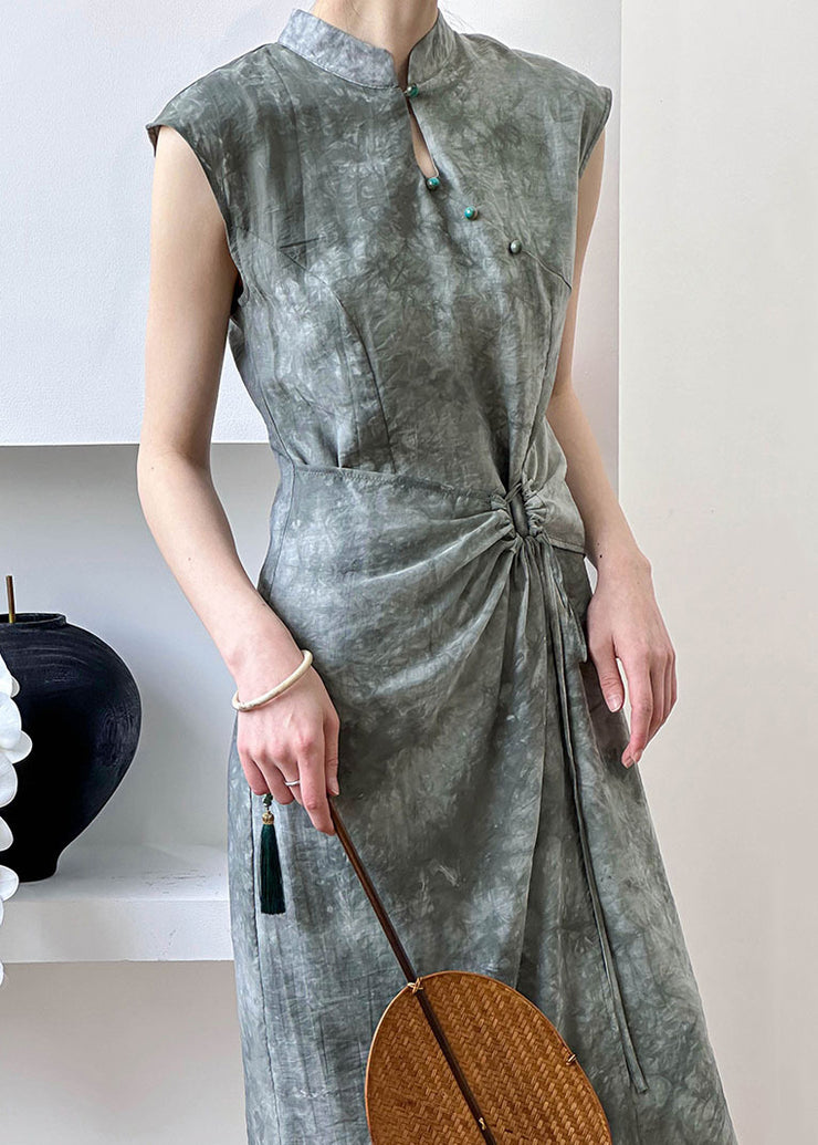 New Grey Button Lace Up Silk Cotton Long Dress Summer