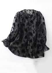 New Grey Button Print Tulle Blouses Flare Sleeve