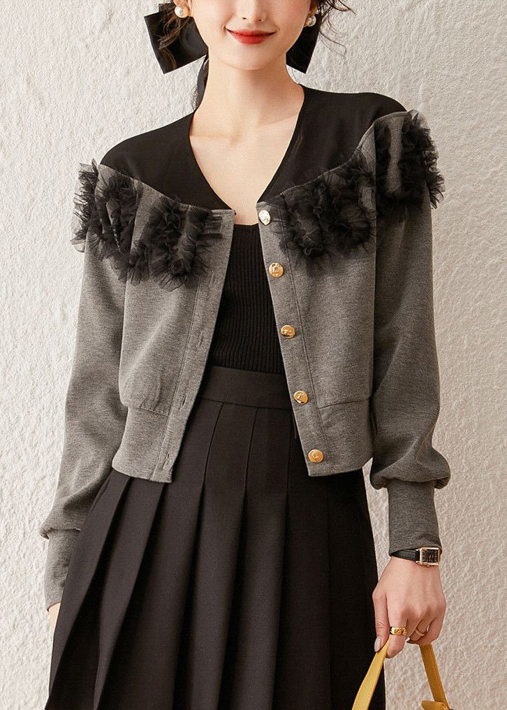 New Grey Button Tulle Patchwork Cotton Coat Spring