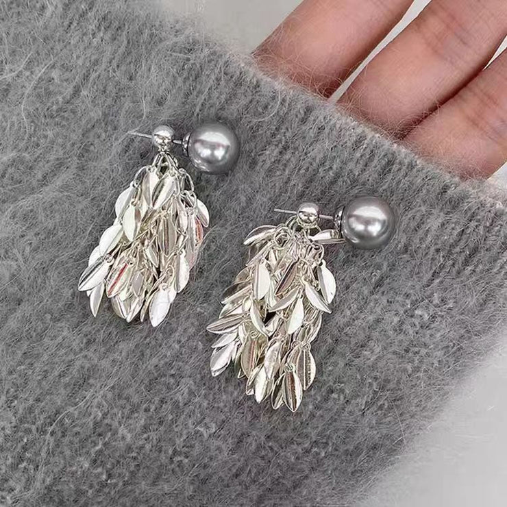 New Grey Copper Silver Plated Pearl Tassel Drop Earrings