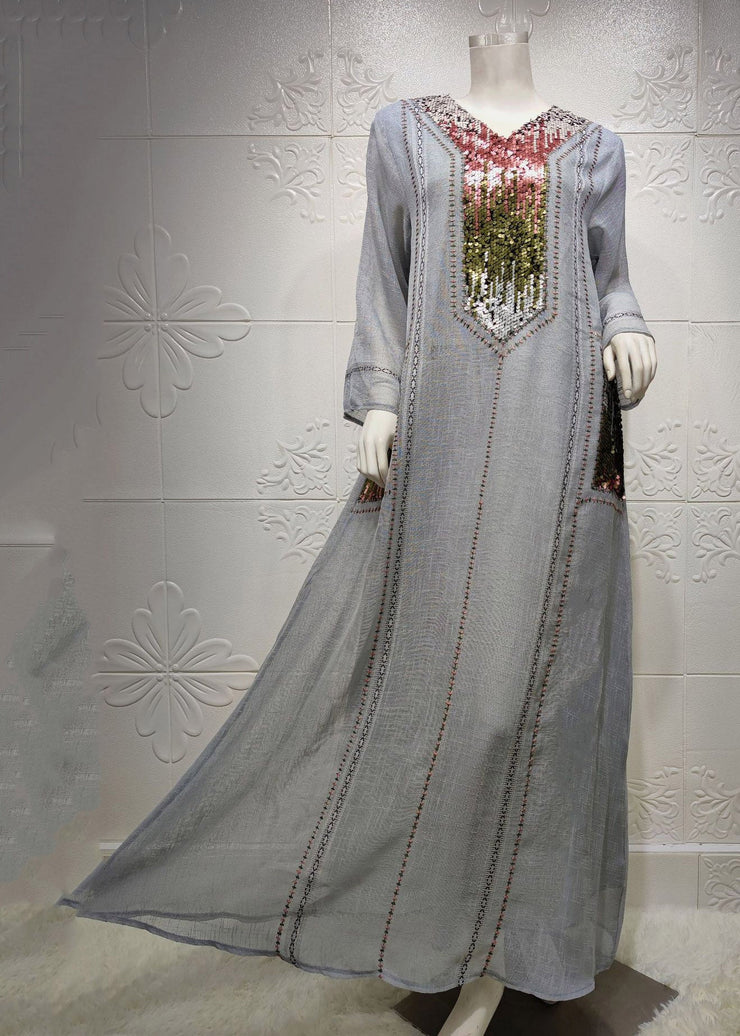 New Grey Ethnic Style Sequined Embroidered V Neck Long Dress