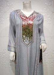 New Grey Ethnic Style Sequined Embroidered V Neck Long Dress