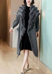 New Grey Fox Collar Pockets Knit Cardigan Winter