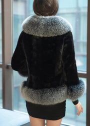 New Grey Fur Collar Pockets Patchwork Leather And Fur Coats Winter