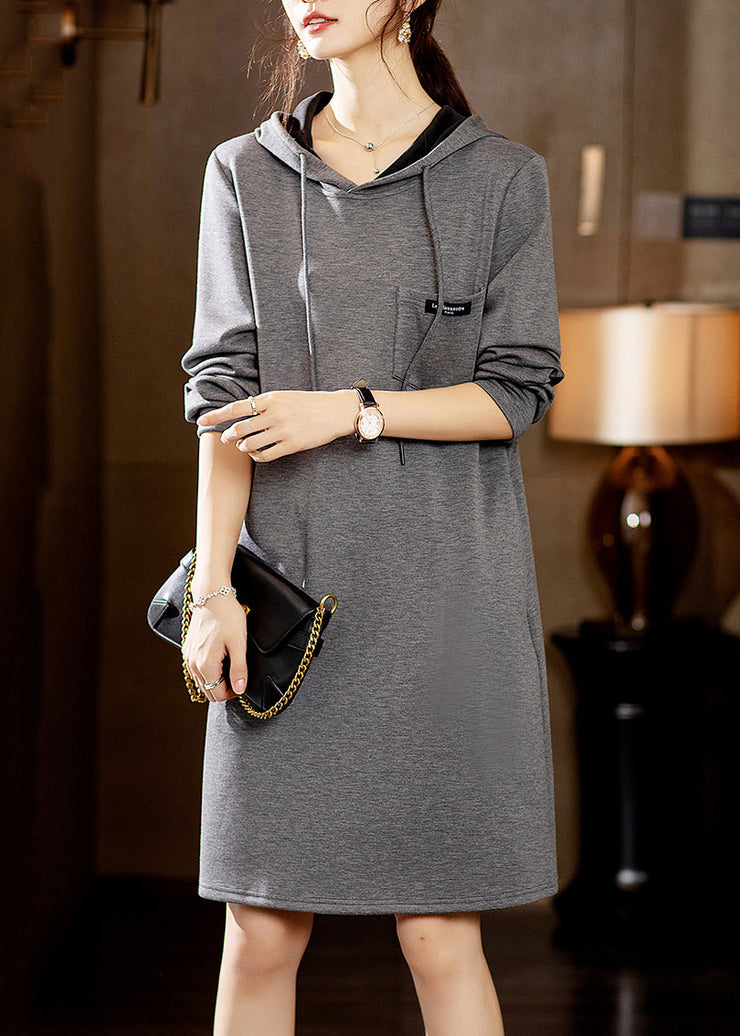 New Grey Hooded Pockets Patchwork Cotton Dresses Fall