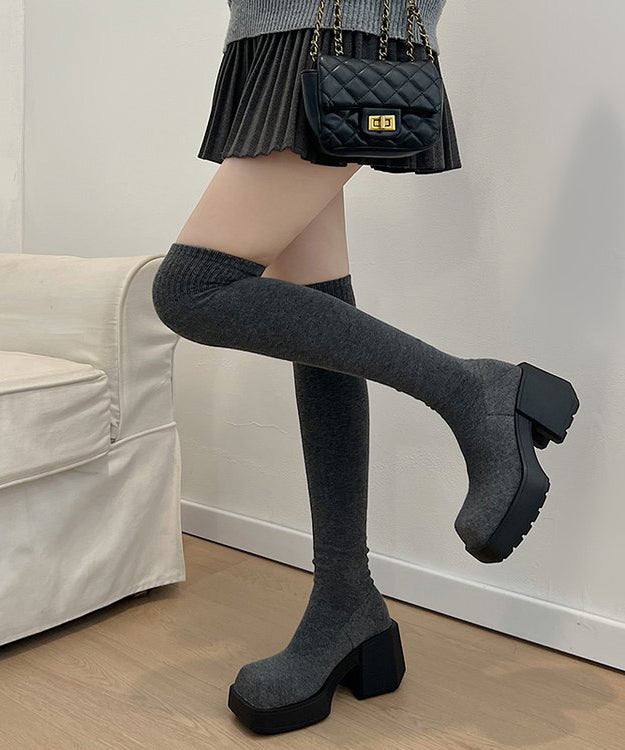 New Grey Knit Fabric Chic Splicing Chunky Heel Knee Boots