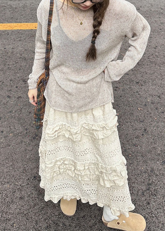 New Grey Knit Tops And Beige Ruffled Skirts Two Piece Set Spring