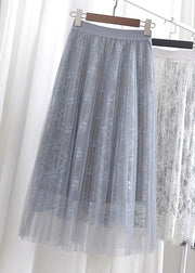 New Grey Lace Elastic Waist Tulle Pleated Skirt Spring