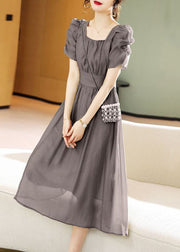 New Grey Lace Up Patchwork Chiffon Dress Short Sleeve