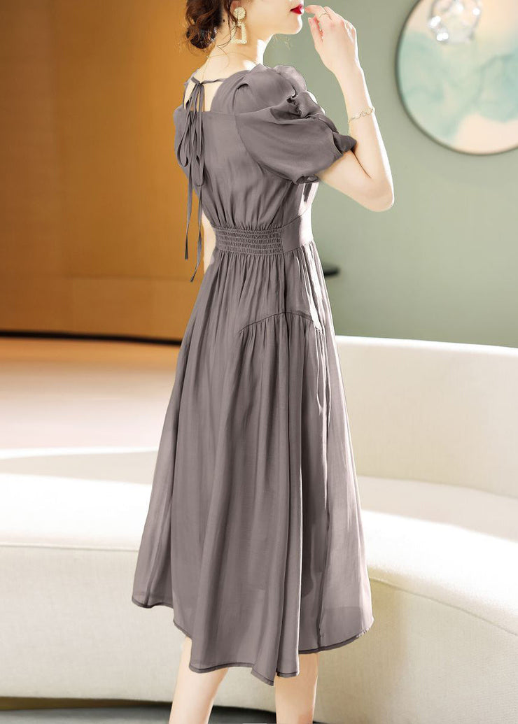 New Grey Lace Up Patchwork Chiffon Dress Short Sleeve