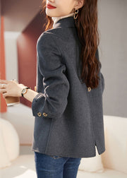 New Grey Notched Button Patchwork Woolen Coat Long Sleeve