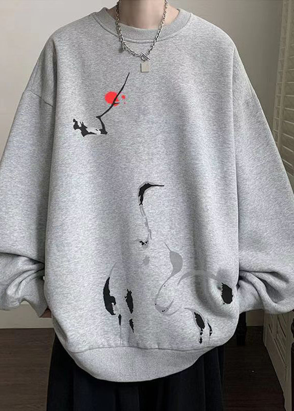 New Grey O Neck Print Cotton Men Pullover Sweatshirt Fall