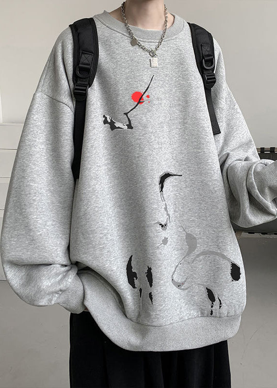 New Grey O Neck Print Cotton Men Pullover Sweatshirt Fall