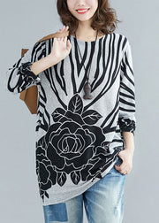 New Grey O Neck Print Patchwork Cotton Top Fall