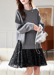 New Grey O Neck Sequins Patchwork Cotton Dress Spring