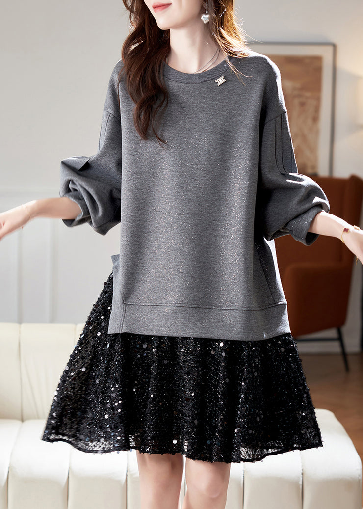 New Grey O Neck Sequins Patchwork Cotton Dress Spring