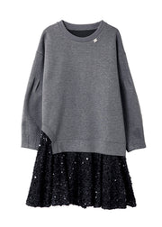 New Grey O Neck Sequins Patchwork Cotton Dress Spring