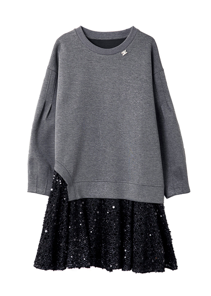 New Grey O Neck Sequins Patchwork Cotton Dress Spring