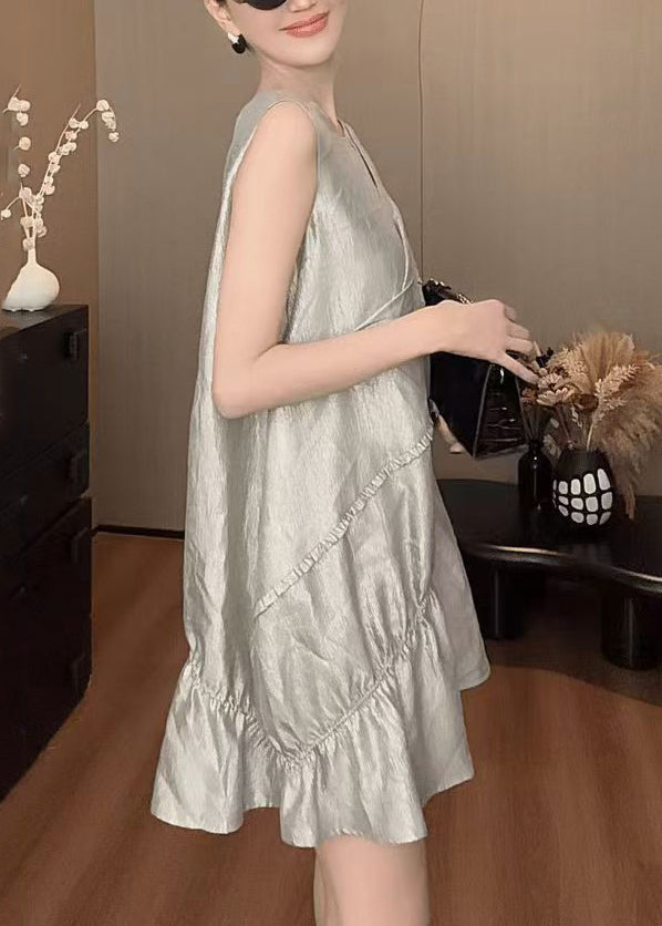 New Grey O Neck Solid Cotton Mid Dress Sleeveless