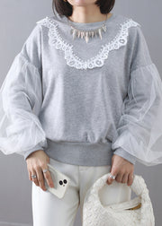 New Grey O Neck Tulle Patchwork Cotton Sweatshirt Puff Sleeve