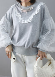 New Grey O Neck Tulle Patchwork Cotton Sweatshirt Puff Sleeve