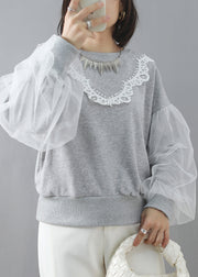 New Grey O Neck Tulle Patchwork Cotton Sweatshirt Puff Sleeve