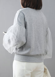 New Grey O Neck Tulle Patchwork Cotton Sweatshirt Puff Sleeve