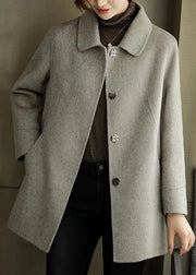 New Grey Peter Pan Collar Button Patchwork Woolen Coat Fall