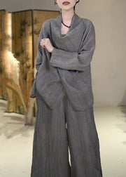 New Grey Pockets Elastic Waist Linen Two Pieces Set Fall