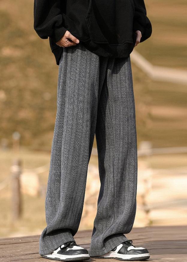 New Grey Pockets Elastic Waist Warm Fleece Men Pants Spring