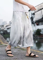 New Grey Pockets Print Ice Silk Men Crop Pants Casual Clothing Summer