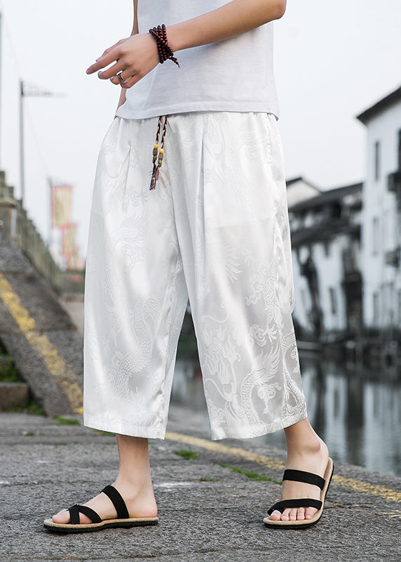 New Grey Pockets Print Ice Silk Men Crop Pants Casual Clothing Summer