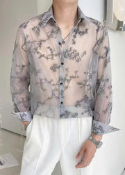 New Grey Print Button Tulle Thin Men Shirts Fall